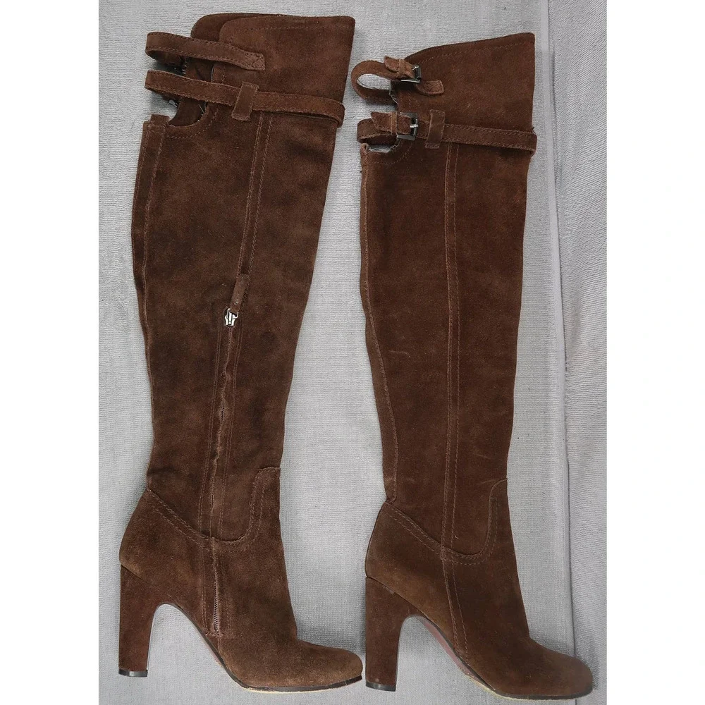 Sam Edelman Boots Womens 7 Sutton Over The Knee Brown Leather Partial Zip Straps